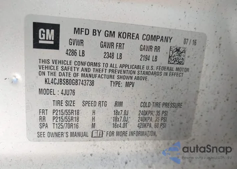 2016 Buick Encore Convenience из США, поврежденный, VIN KL4CJBSB0GB743738